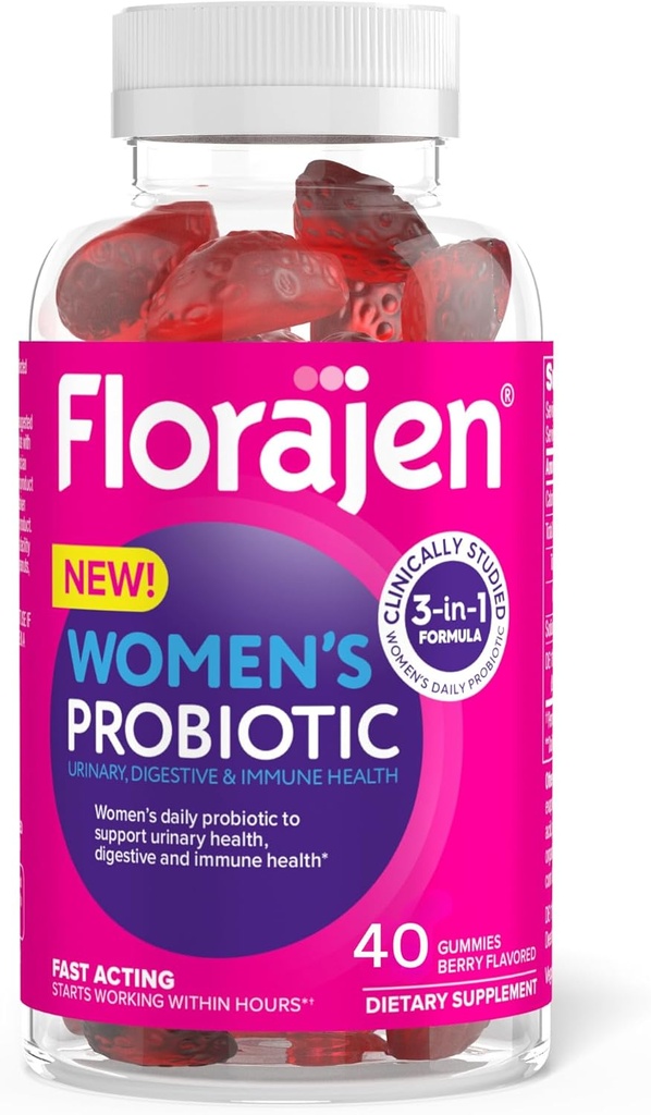 Florajen Women's Probiotic Gummies - Triple-Action Prebiootti + Probiootti + Cranberry for digestive, virtsatie, & Immuunituki - Nopeasti vaikuttava - Vegan & Gluteeniton - 40- count