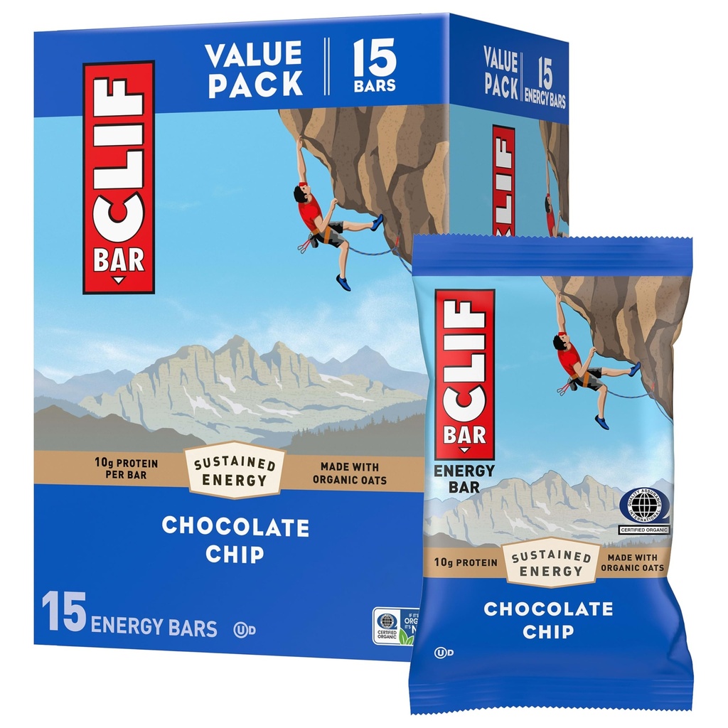 CLIF BAR - Energy Protein Bars - Chocolate Chip - valmistettu luomukaura - energiapatukat - ei-GMO - (15 pakkaus)