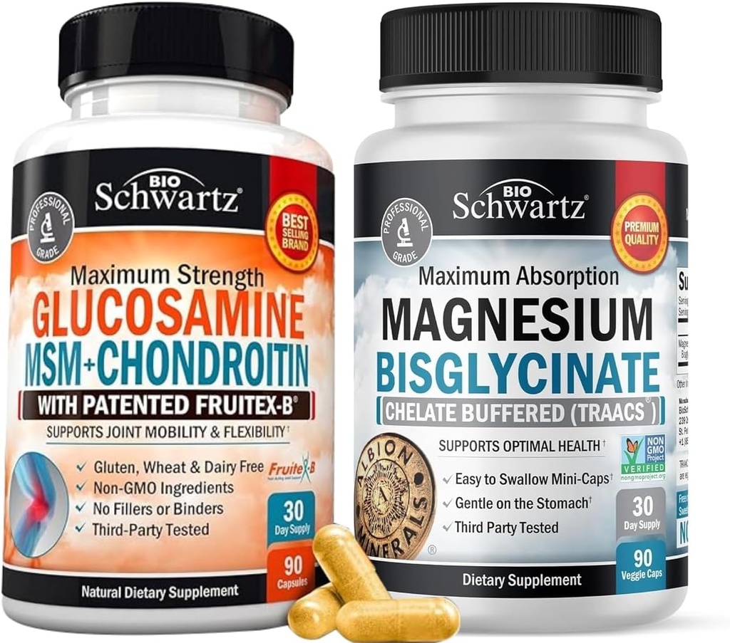 Korkea imeytyminen Magnesiumbisglysinaattikapselit (1 kuukausi tarjonta) Plus Glukosamiini Chondroitin MSM Triple Strength Joint Support Supply (1 kuukausi tarjonta)