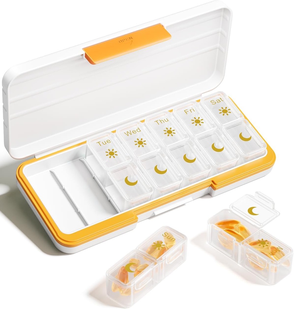 AM PM Pill Organizer 2 Times A Day, 7 Day Pill Box Weekly Pill Organizer Travel med separat behållare, Portable Daily Medicine Planner Dispenser Case för vitamin, fiskoljor, kosttillskott (Beige)