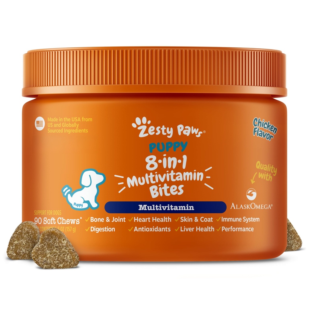 Zesty Tassut Koira Multivitamiini, pureskeltava koiran vitamiineja ja lisäravinteet hippi & nivelet, iho & takki, Omega 3 kalaöljy koirille- pentu monivitamiini - kananpentu pureskella- 90ct