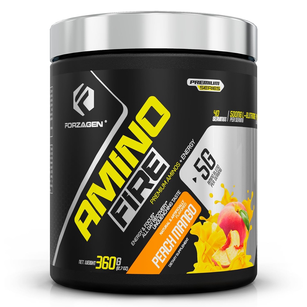 Forzagen Amino palo . Essential Amino Energy Powder for Pre-Workout. BCAA Energy Boost & Muscle Recovery Drink Mix, Enhance Focus & Concentration, Ravintolisä Peach Mango, 40 tarjoilua