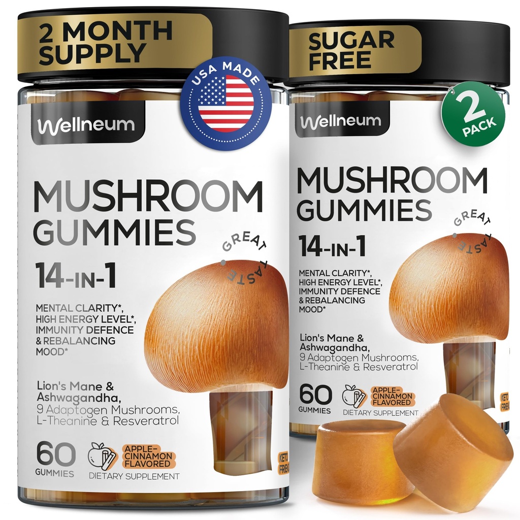 Mushroom Gummies 5000 Mg 120 Pcs (2 Pack) - Lion's Mane och 9 Adaptogenic Mushrooms Blend - Ashwagandha, L-Theanine - Mushroom Gummies för energi, immunitet, fokus, hjärnboost - No Sugar och GMO