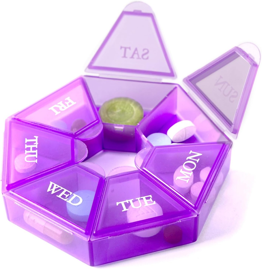Deke Home - Pieni viikkopilleri Järjestäjä, Round Pill Jakaja matkalle, Mini pilleri Järjestäjä, Kompakti lääketieteen haltija, Pill Sorters 7 päivää, Kannettava vitamiinipakkaus, BPA vapaa (Food Grade)
