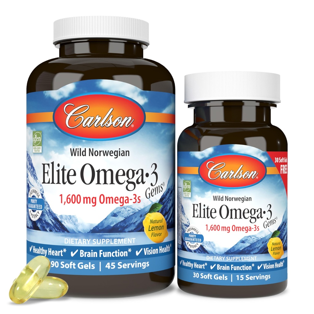 Carlson Labs Elite Omega-3, 1600 mg, Gems Fish Oil Soft Gels, Natural Lemon Flavor, 2 Pack (120 greve varje)