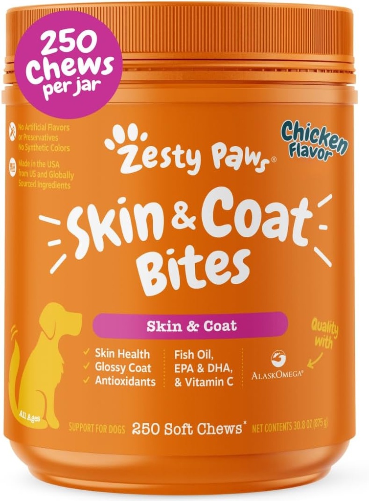 Zesty Paws Omega 3 Kalaöljy koirille - Zesty Paw Dog Vitamiinit ja lisäravinteet hip, Joint & Skin, Kana (250 Chews)