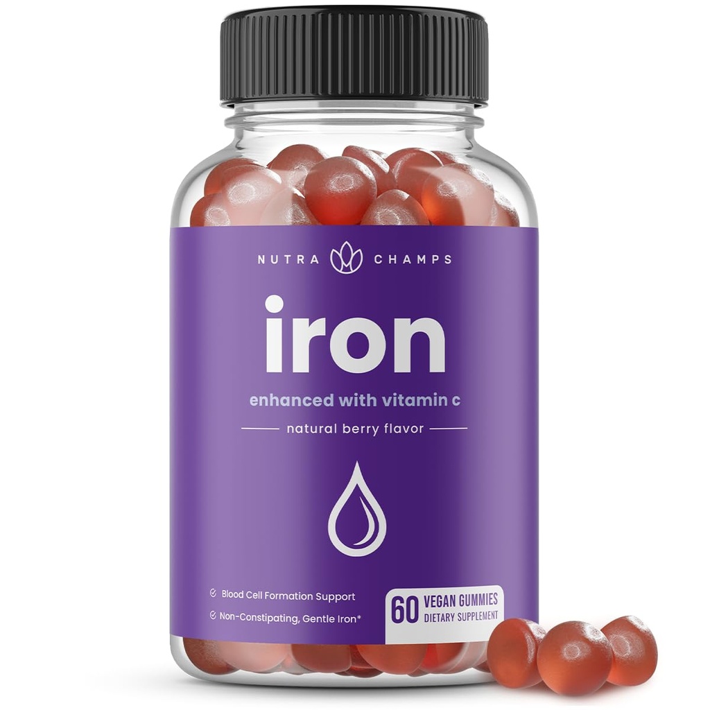 NutraChamps Iron Gummies kanssa C-vitamiini - 20 mg, Verisolumuodostuma tuki, 60 Vegan Gummies Iron Definition & Anemia, energia, Focus, Immuuni Boost