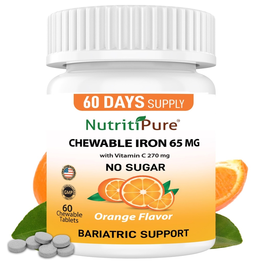 Tuggbar järn 65 mg med vitamin C 270 mg (för kvinnor / män) | 60 dagar Supply | No Sugar-Zesty Orange Supplement 60 Count