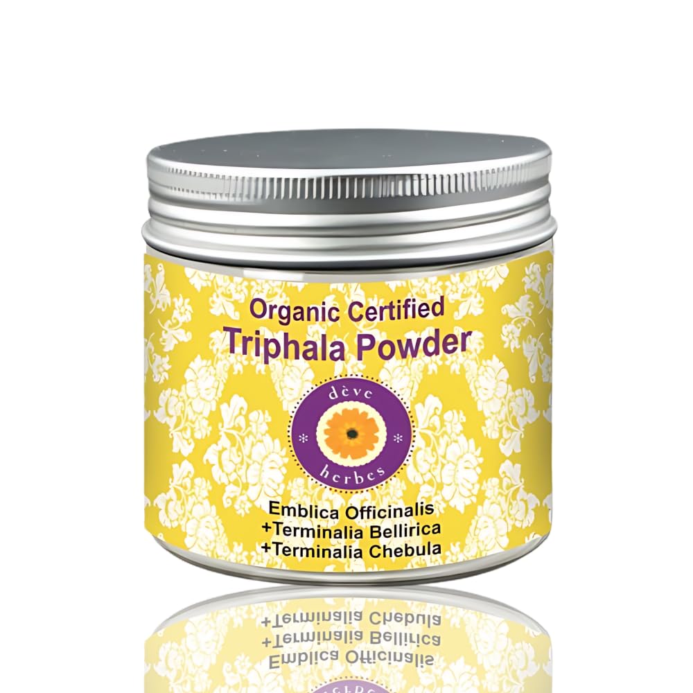 Deve Herbes Pure Triphla Powder (Emblica officinalis) + (Terminia belerica) + (Terminia chebula) Organic Certified Natural Therapeutic Grade 200gm, (7.05oz)