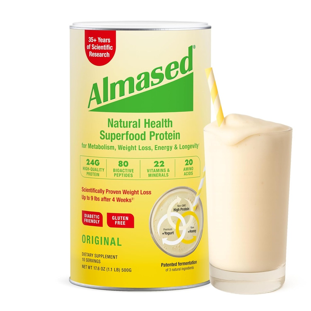 Almased Ateriankorvike Shake - Matala-Glycemic High Plant Base Protein Powder- Nutritional Paino Health Support Supplement - Original Flavor - 17,6 oz