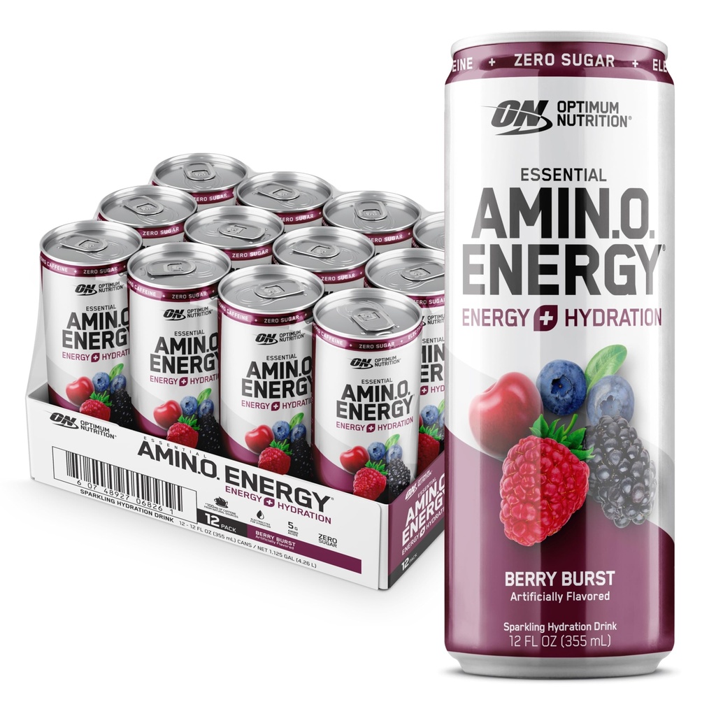 Optimum Nutrition Amino Energy Sparkling Hydration Drink, Electrolytes, Kofeiini, aminohapot, BCAAs, Sokeriton, Berry Burst, 12 Fl Oz, 12 Pack