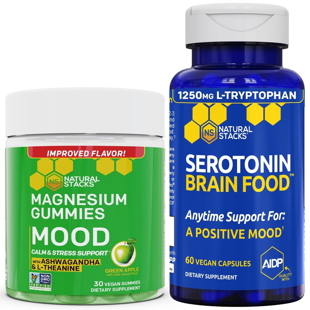 NATURAL STACKS Mielialan magnesiumsitraatti Gummies + serotoniini aivot Ruoka Bundle - positiivinen mieliala & stressi tuki - 90 palaset