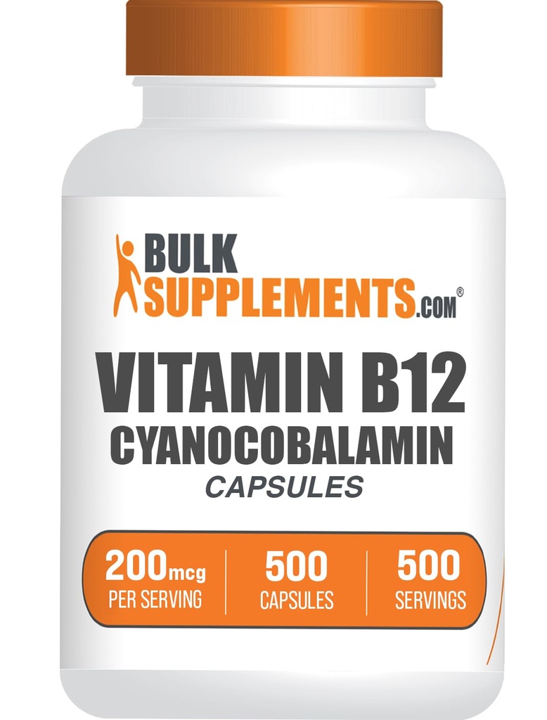 BulkSupplements.com B12-vitamiinikapselit - kuten Cyanocobalamiini, B-vitamiinin täydentää, B12-vitamiini 200 mikrog - energiavitamiinit, Gluteeniton, 1 kapseli per tarjoilu, 500 kapselia (pakkaus 1)