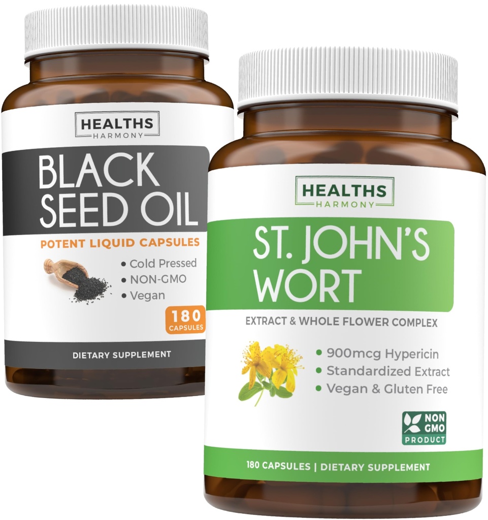 Black Seed Oil & St John's Wort (3-månaders leverans) Harmony Essence Bundle of Black Seed Oil (180 kapslar) Cold-Pressed Nigella Sativa & St John's Wort (180 kapslar) med kraftfull 900mcg Hypericin