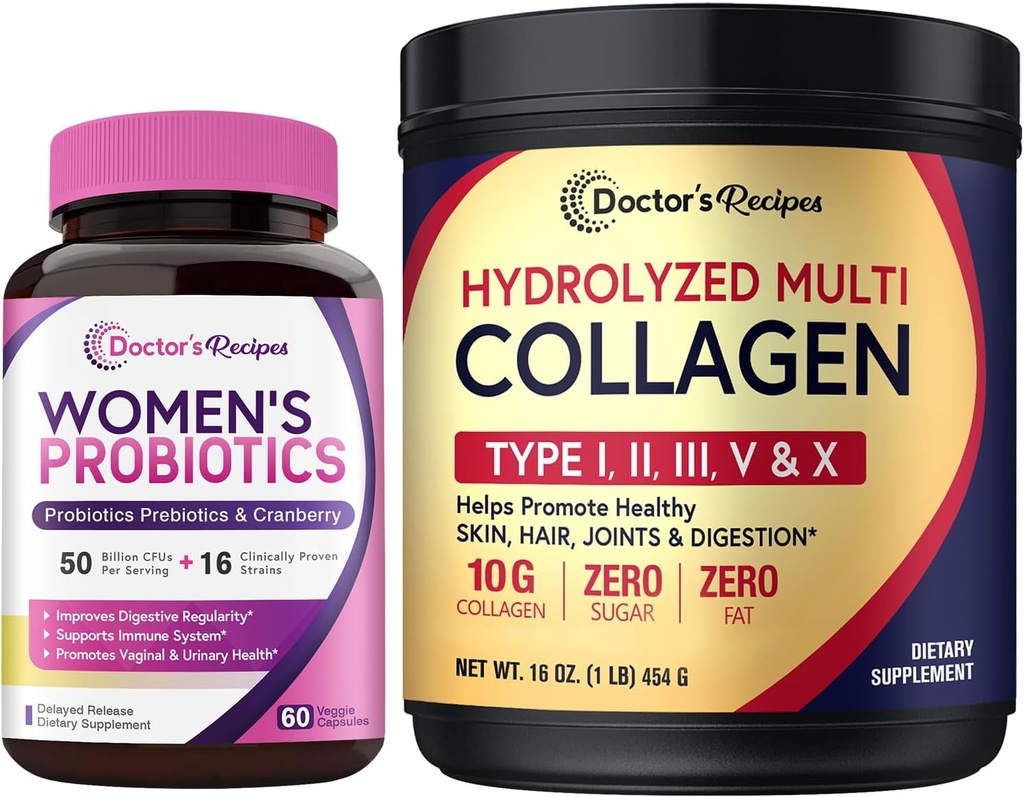 Lääkärin reseptit Naisten Probiootit & Multi Collagen Powder Bundle, Value Pack Vaginal, Iho, Hiukset, Kynsien terveys, Ei gluteenia, Pro (60 kapselia) & Kollageeni (45 Servings)