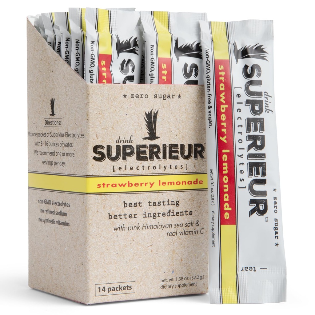 Superieur Electrolyte Powder Packets- Vegan Electrolyte Hydration Powder w/Sea Minerals- Keto Friendly, Ei-GMO, Zero Sugar Electrolyte täydennysosa-Terve urheilu Drink-Strawberry Limonade (14 Packets)