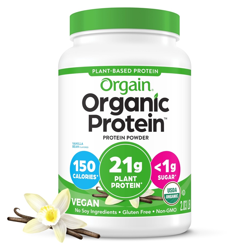 Orgain Organic Vegan Protein Powder, Vanilla Bean - 21g Plant Protein, 6g Prebiotic Fiber, No Lactose Ingredients, No Added Sugar, Non-GMO, For Shakes & Smoothies, 2,03 lb (Packaging May Vary)