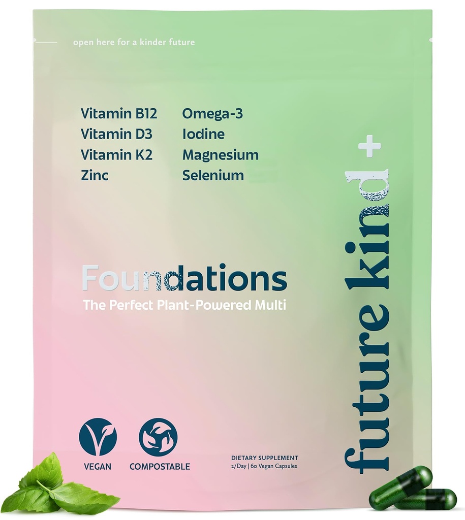 Future Kind Carragenan-Free Foundations MultiVitamiinum for Women & Men with Omega-3, B12, D3, Sinkki, Jodi, Magnesium, K2 & Selenium, Vegan, Compostable Bag (60ct)