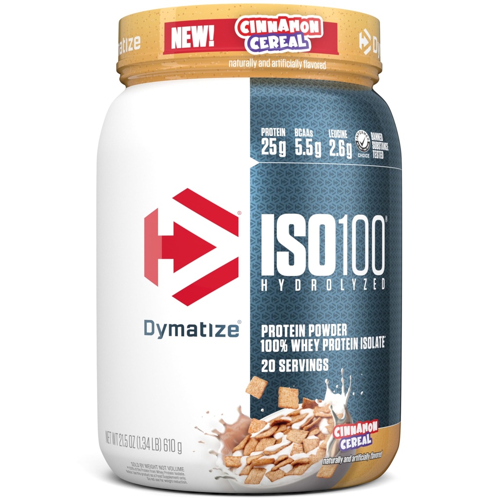 Dymatize ISO100 Whey Protein Powder Isolate, Cinnamon Cereal, 25g Protein, 5,5 g BCAA, mindre än 120 Cal., Gluten Free, 1g Fat, 1g Sugar, 2g Carb (20 portioner)