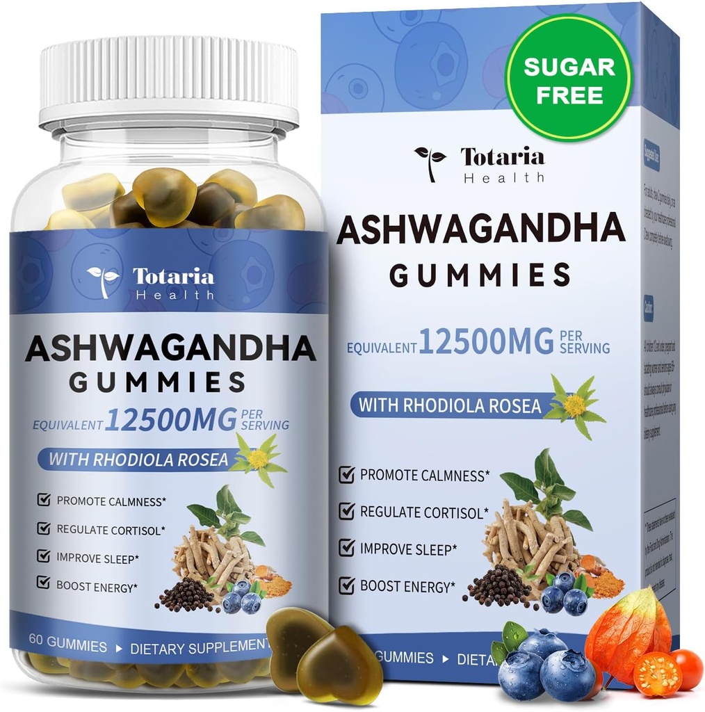 Totaria Sugar Free Ashwagandha Täytetty Gummies 2500mg w/Vitamin D3, Magnesium Glycinate, Rhodiola, Ultra Strength Ashwa juuria täydentää naisille ja Wen, rentoutumista, energiaa, mustikka maku