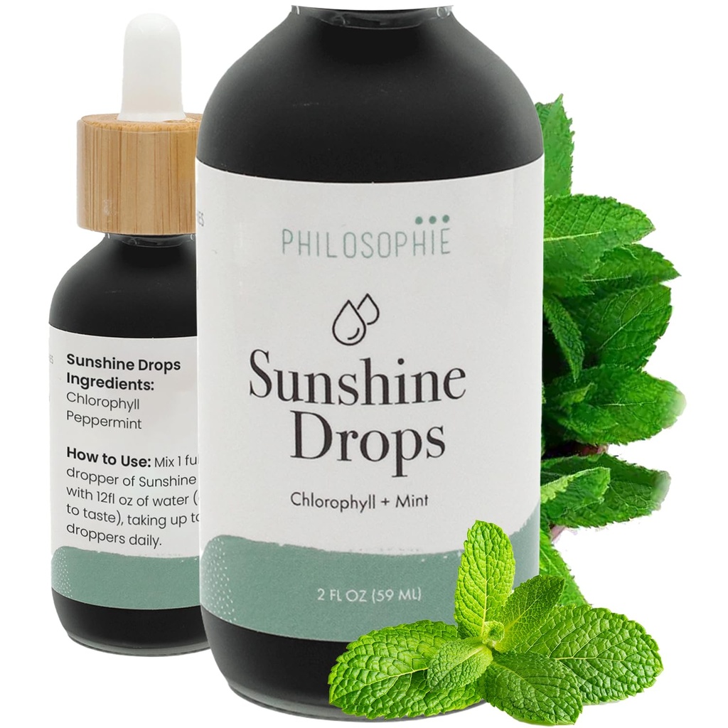 Philosophie Liquid klorofyllin auringonpaisteen tihkurat veteen . Orgaaniset klorofyllin tihkurat Mint detoxille, sisäiselle deodorantille ja energialle.