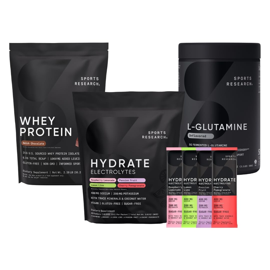 Sports Research Multi Flavor Hydrate Electrolytes Packets, Hollantilainen suklaa Makua Heraproteiini Isolaatti Powder ja maustettu L-glutamiini