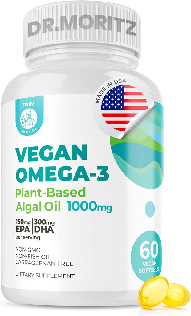 DR. MORITZ Vegan Omega-3 Softgels aikuisille ja lapsille, Valmistettu Algae Oil DHA EPA, Pieni Algae Omega 3 Lisäravinteet, Vegan, 60 Count