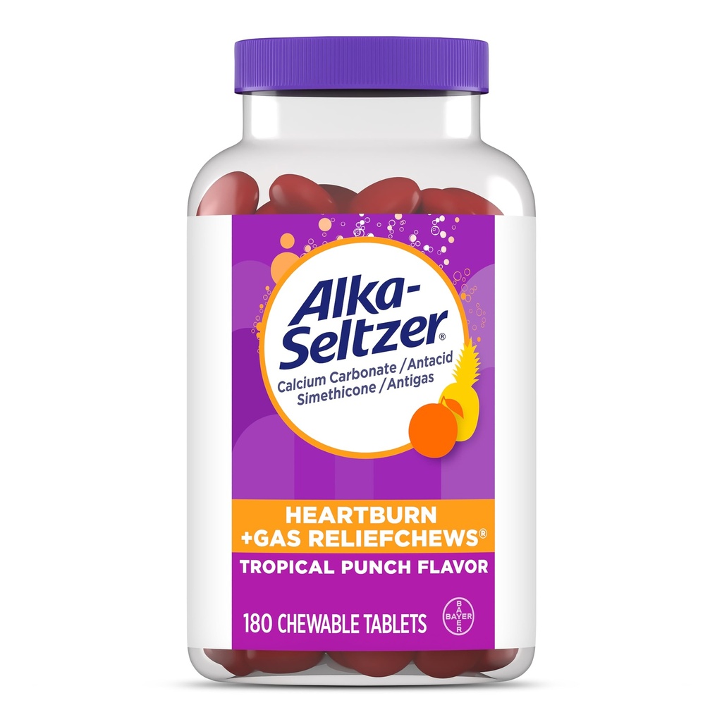 Alka-Seltzer Heathburn + Gas ReliefChews, Antasidi + Kaasunvastaisia puruja nopeaan närästykseen, kaasuun ja happamaan ruoansulatushäiriöön Menossa, 180 Ct