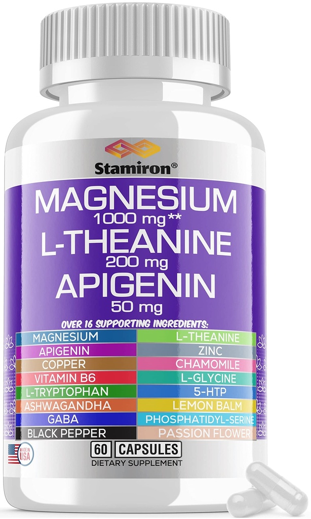 Magnesiumkomplex 1000mg L Theanine 200mg Apigenin 50mg Supplement med Mag Glycinate Citrate Malate Taurate + Chamomile 5-HTP Passion Flower Lemon Balm B6 Ashwagandha och L Tryptophan - Made in USA