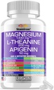 Magnesiumkomplex 1000mg L Theanine 200mg Apigenin 50mg Supplement med Mag Glycinate Citrate Malate Taurate + Chamomile 5-HTP Passion Flower Lemon Balm B6 Ashwagandha och L Tryptophan - Made in USA