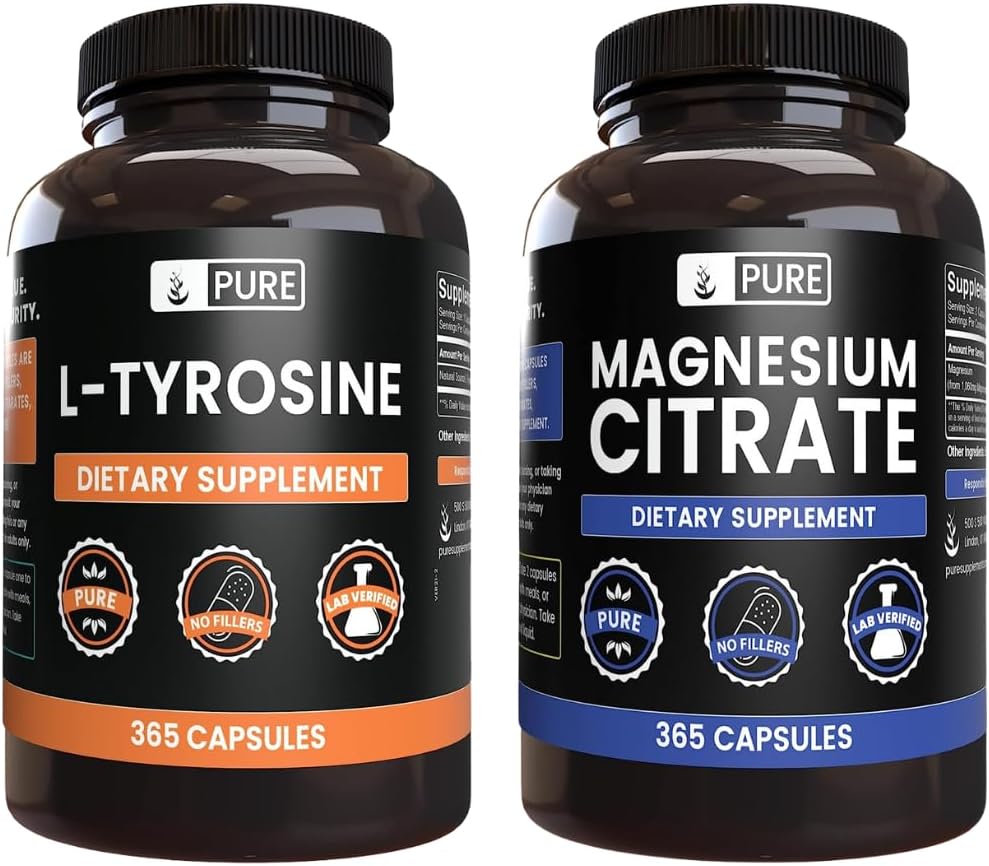PURE ORIGINAL INGREDIENTS L-Tyrosine och Magnesium Citrate Bundle, 365 kapslar varje, alltid ren, Lab Verified