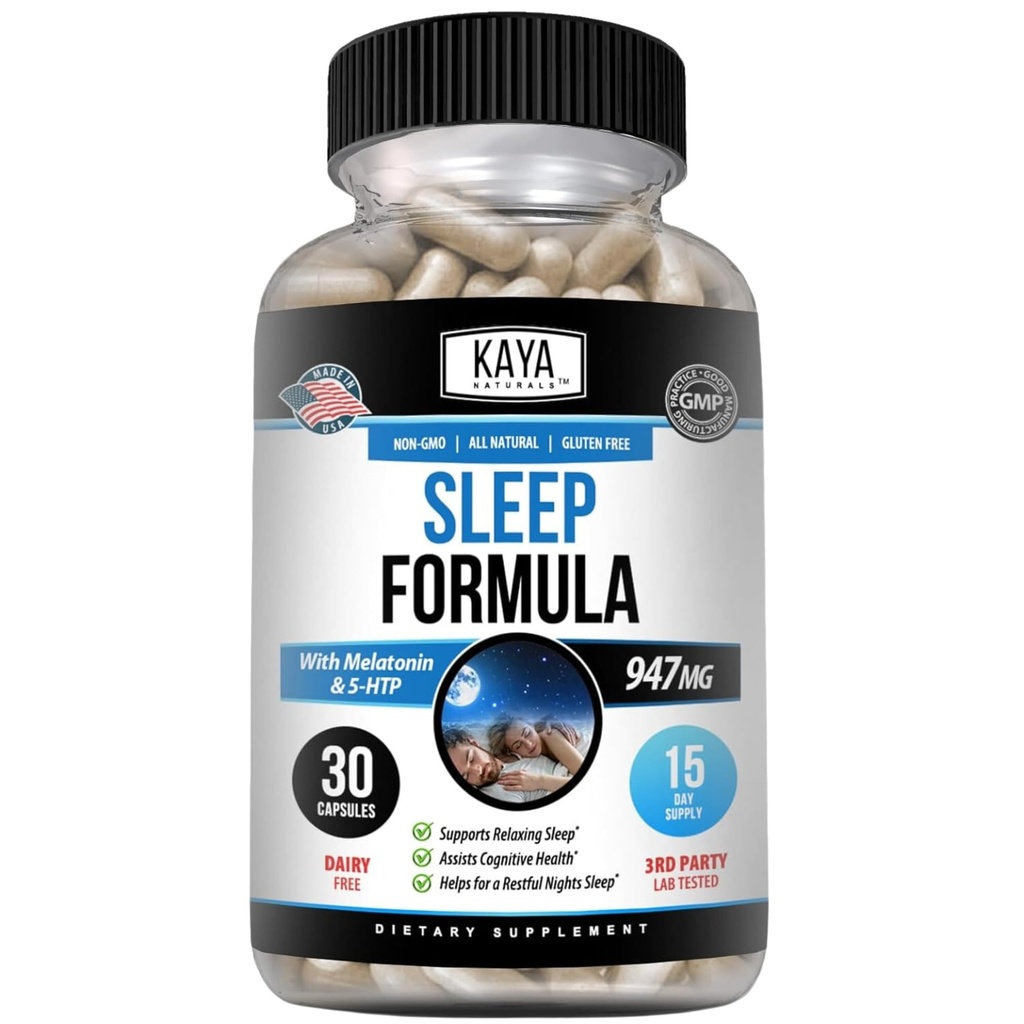 Kaya Naturals - Sleep Support Formula melatoniini - Tuki vitamiini täydentää - uni stressi ja mieliala tuki - L-Tryptofaani, Passion Flower, Ashwagandha ja enemmän (30 kreivi)