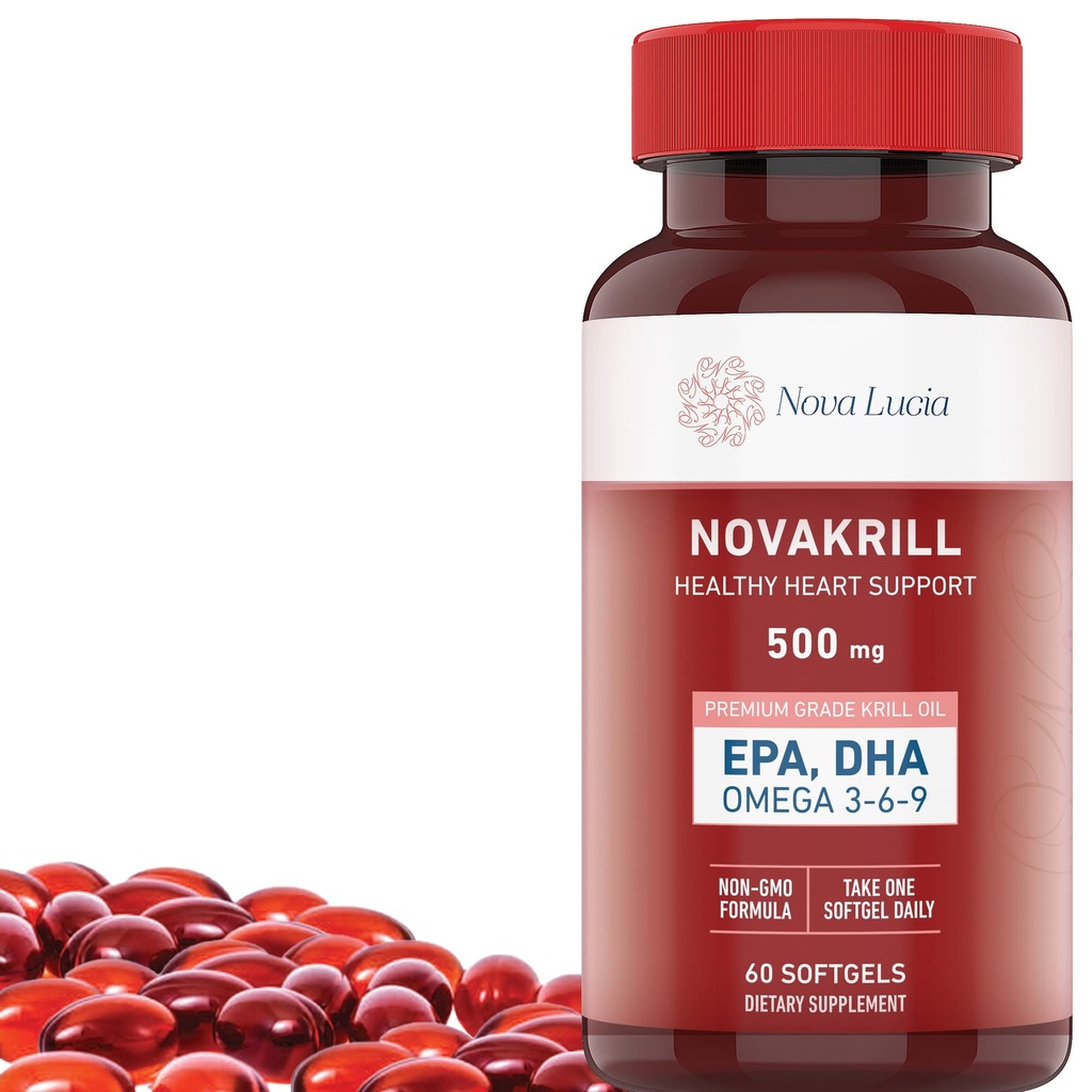 NovaKrill Krill Oil Omega 3 Supplement - 1000mg Softgels med EPA, DHA, Astaxanthin - No Fishy Aftertaste - Lätt att svälja Antarctic Krill Oil - 60 flytande kapslar