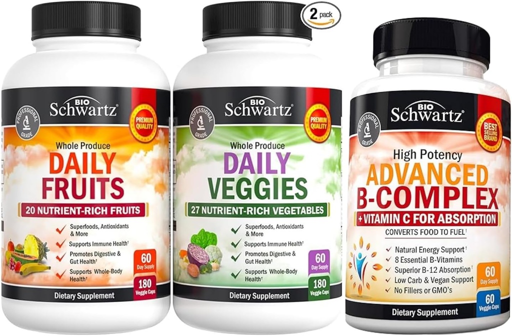 BioSchwartz Päivittäiset hedelmät ja kasvikset Supplement naisten ja miesten (2 kuukauden tarjonta) Plus B-vitamiinikompleksi C-vitamiini (2 kuukauden tarjonta)