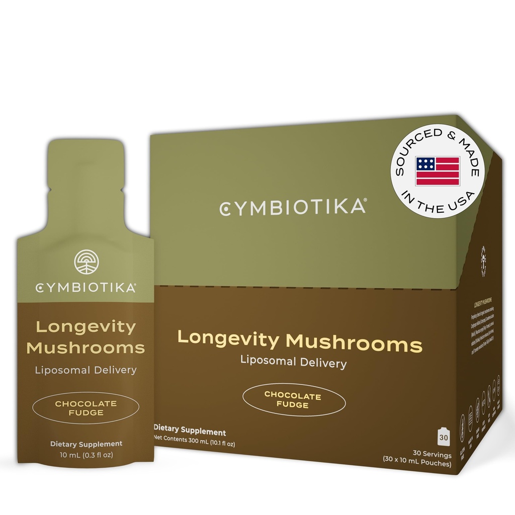 CYMBIOTIKA Liposomal Mushroom Supplement with Lion's Mane, Turkey Tail, B-vitamins, Cordyceps & Reishi Sienet, lisäravinteet Immuuneja ja energiaa, suklaa Fudge Flavor, 30 Pack