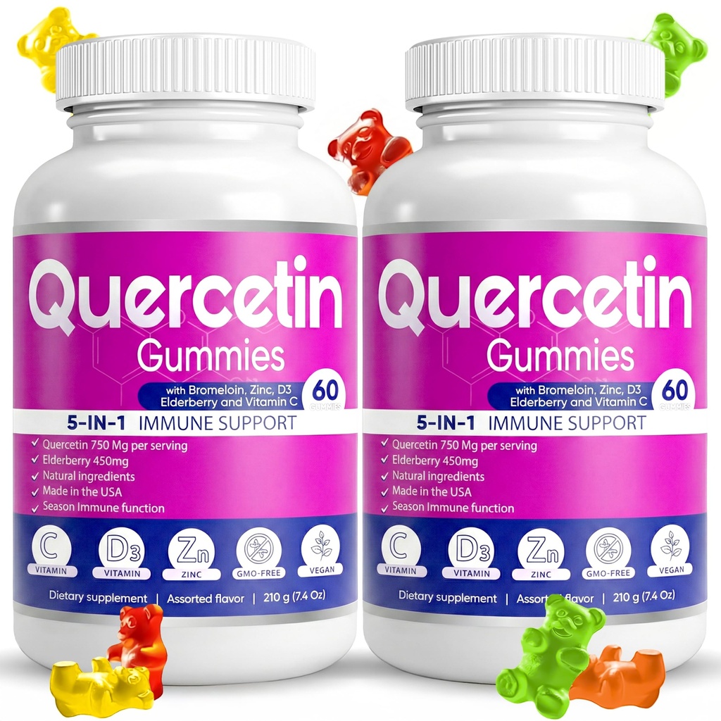(2 Pack) Quercetin Gummies av BioVitalica - Quercetin med Bromelain Vitamin C och Zinc & Elderberry + Vitamin D3-5 i 1 Immune Support - Zink Quercetin 750 mg för barn och vuxna