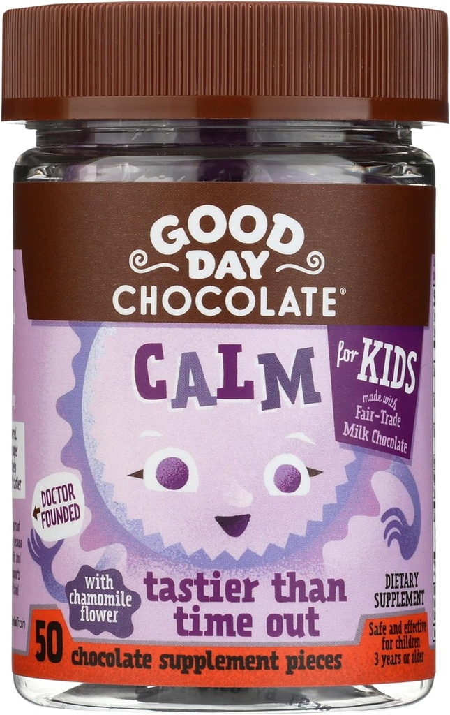 Good Day Chocolate Natural Calming Supplement for Kids, Blend of Camomile, L-Theanine, Reilun kaupan ja ei-GMO Chocolate, 50 Pieces
