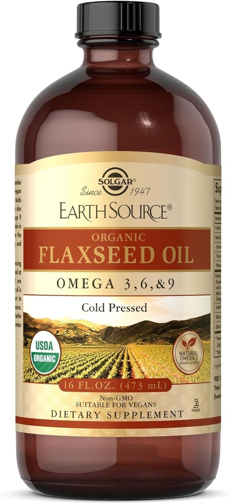 Solgar Earth Source Organic Pellavaöljy - 16 fl oz - Cold Pressed - Omega 3, 6 & 9 - USDA Organic, non-GMO, Gluteeniton - Noin 31 Tarjoilut