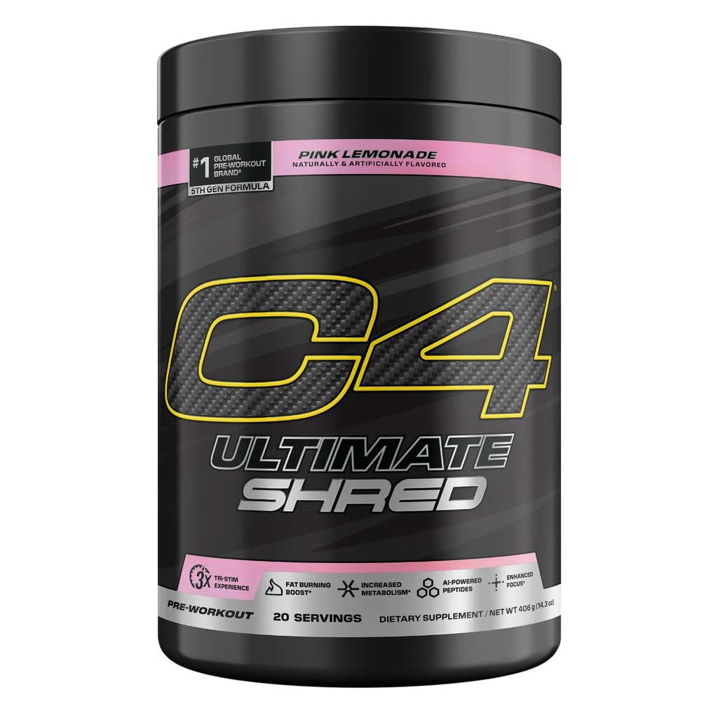 Cellucor C4 Ultimate Shred Pre harjoitusjauhe, aineenvaihduntalisä Cayenne Extract + 300 mg kofeiini + TeaCrine + Dynamiini - vaaleanpunainen sitruuna, 20 tarjoilua
