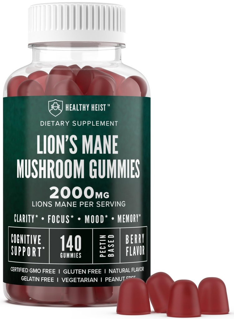 Lions Mane Mushroom Gummies aikuisille, 140 kreivi Bulk Lion's Mane Chewables, High Potency 10:1 Organic Extract määrät 2000mg, täydentää tukee mielen selvyyttä, Focus, Mieliala ja aivojen Fog