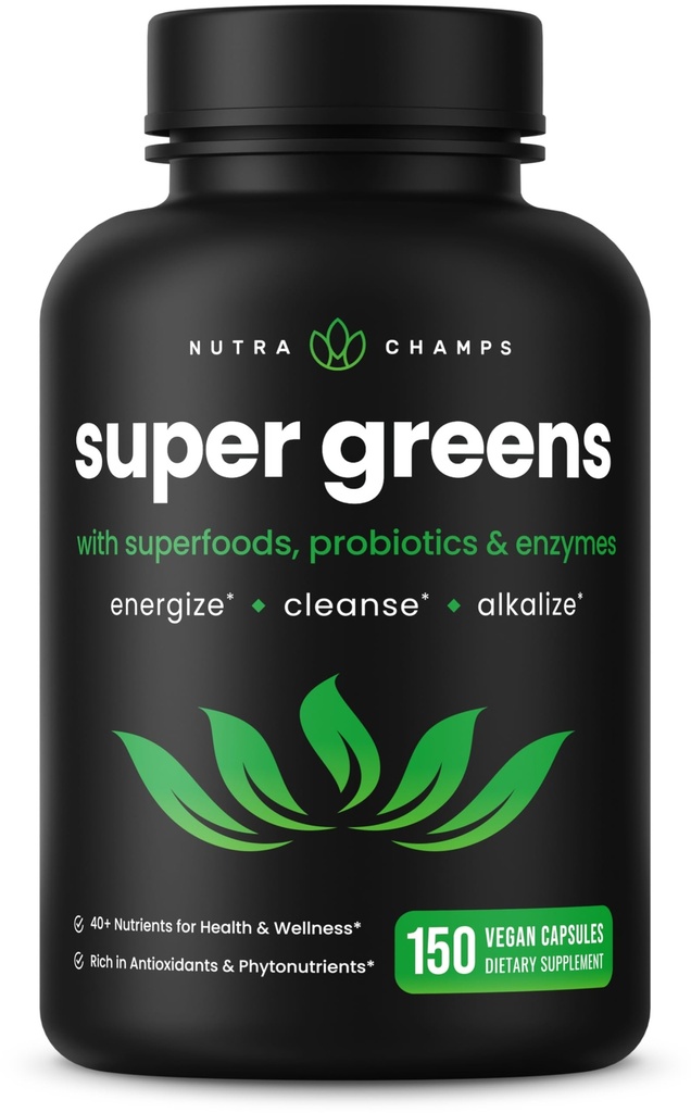 NutraChamps Organic Super Greens Kapselit - Alfalfa, Spirulina, klorella & enemmän - Antioksidantti, digestiivinen Enzyme & Probioottisekoitukset - 150 Green Superfood Kapselit