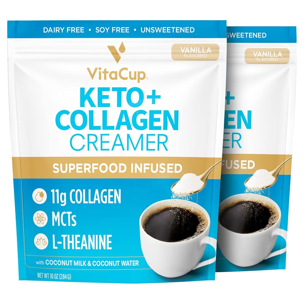 VitaCup Keto + Collagen Coffee Creamer Vanilla Flavor w/MCT, Collagen Protein, Coconut Water, L-Theanine Keto Diet, Kahvi, Smoothies, & Shakes, Dairy-free, Gluteeniton, soijaton, 2 pussia,10oz kukin