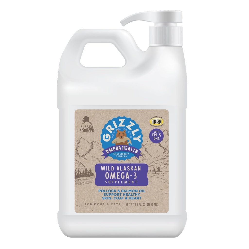 Grizzly Pet Tuotteet Omega Health Liquid Omega-3 täydentää koirille ja kissoille, 64 Ounce Jug