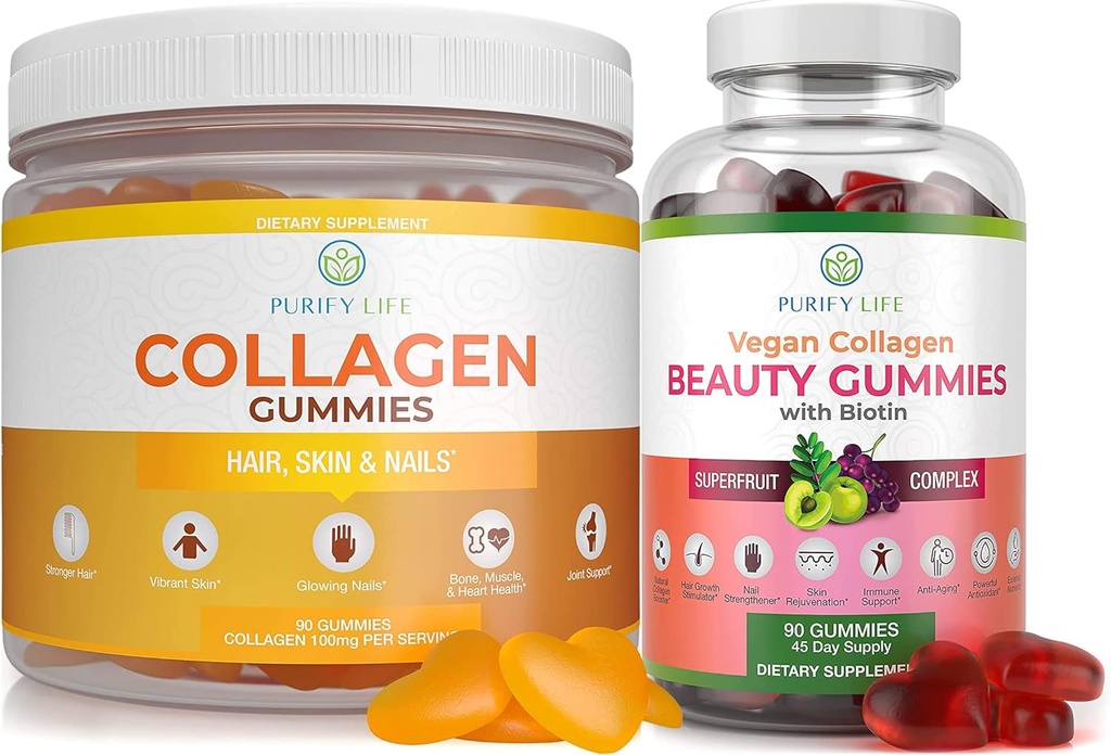 Puhdista Life Marine Collagen & Vegan Collagen Bundle, Gummies vitamiineja hiusten ihoa ja kynsiä terveys (90 purukumia), Poren reduktori & Elastisuus, Korvaa kapselit, pillerit