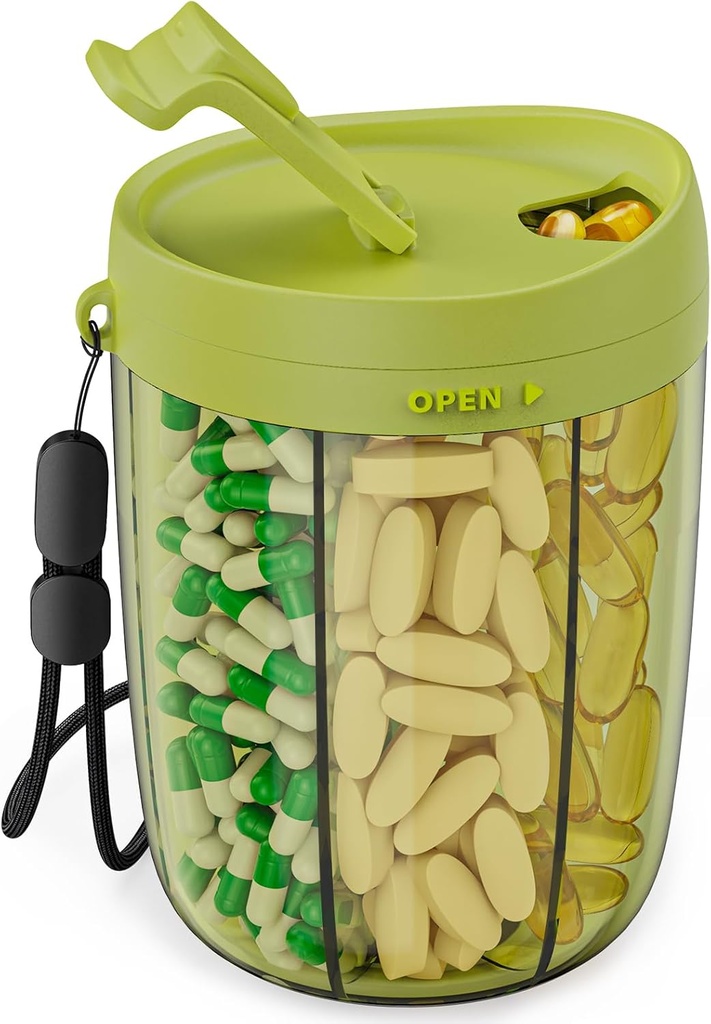 PULIV Large Pill Bottle Organizer, Supplement Organizer for Holding 6 Eri vitamiinit, Pillerilaatikko tapauksessa anti-Mixing & Wide Aukiolo suunnittelu, Helppo hakea lääkkeitä ja 20 Pcs kiinni-on etiketit, vihreä