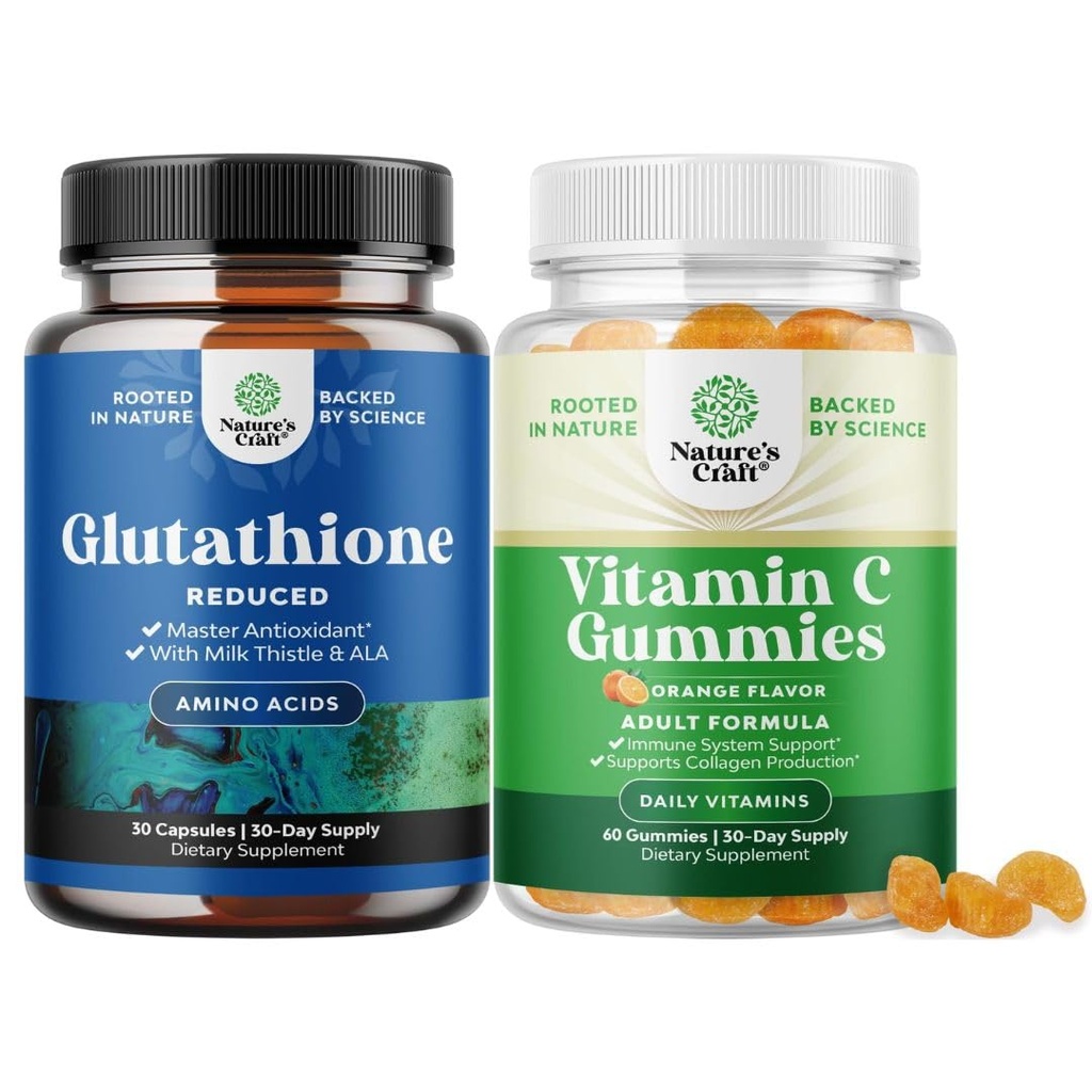 Boundle of Alennettu Glutatione Supplement with Milk Thistle - 500 mg per Tarjoilu Pure L Glutatione ja pureskeltava C-vitamiini Gummies aikuisille - Askorbiinihappo Natural Gummy Immuuni Booster & Cold Remedy