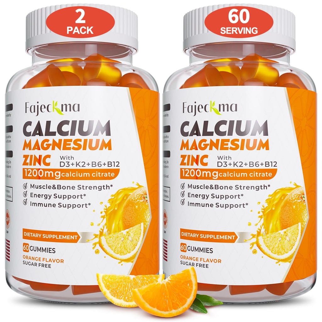 Calcium Magnesium Zink Gummies för vuxen: 1200mg Calcium Citrate med vitamin D3 K3 - Naturligt organiskt sockerfri hög absorptionstillägg för kvinnor män barn (120 räkna)