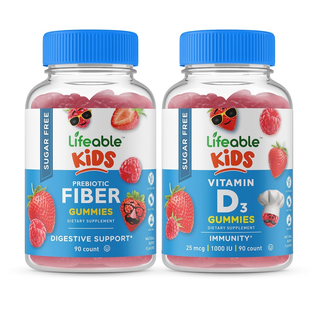 Elinkelpoinen sokeriton Preciotic Fiber Kids + D-vitamiinin lapset, Gummies Bundle - Suuri makupala, vitamiini täydentää, gluteeniton, GMO-vapaa, purukumi