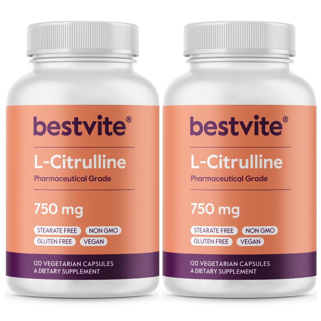 BESTVITE L-Citrulline 750 mg per kapseli (240 kasviskapselia) (120 x 2) - Ei stearaattia - Ei silikaa - Ei täyteaineita - Ei GMO:ita - Gluteeniton - Vegan