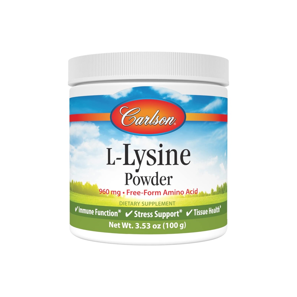 Carlson - L- lysiinijauhe, vapaa Aminohappo, 960 mg, tukee tervettä kudosta ja lihasten kehitystä, 3.53 oz (100 g)